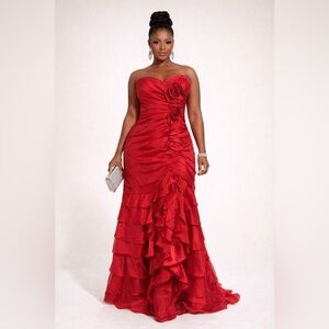 Jovani Strapless Red Ruffle Gown size 8